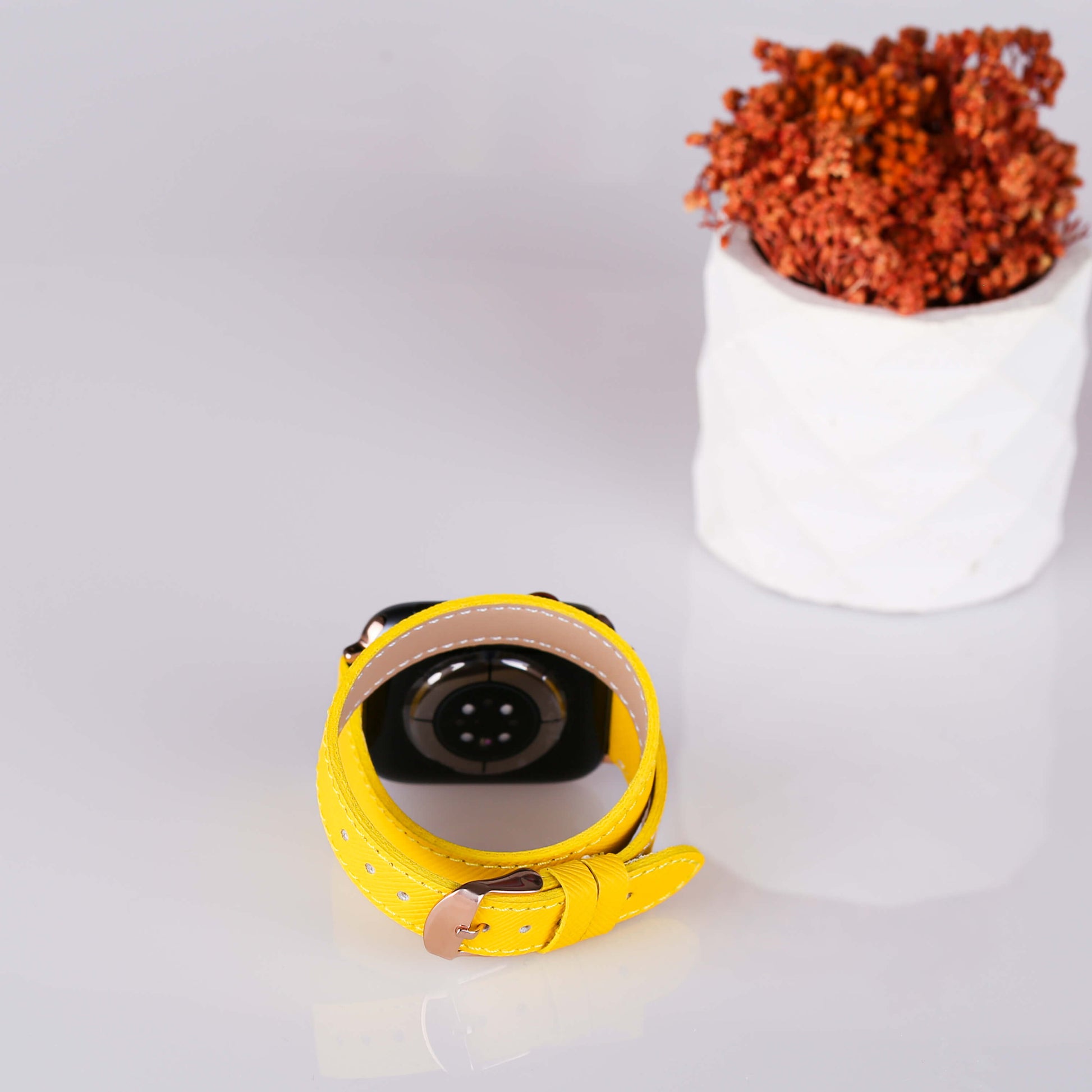 Vegan Deri Saat Kordonu Sarı Renk - Bileklik Uzun Tasarım Apple Watch