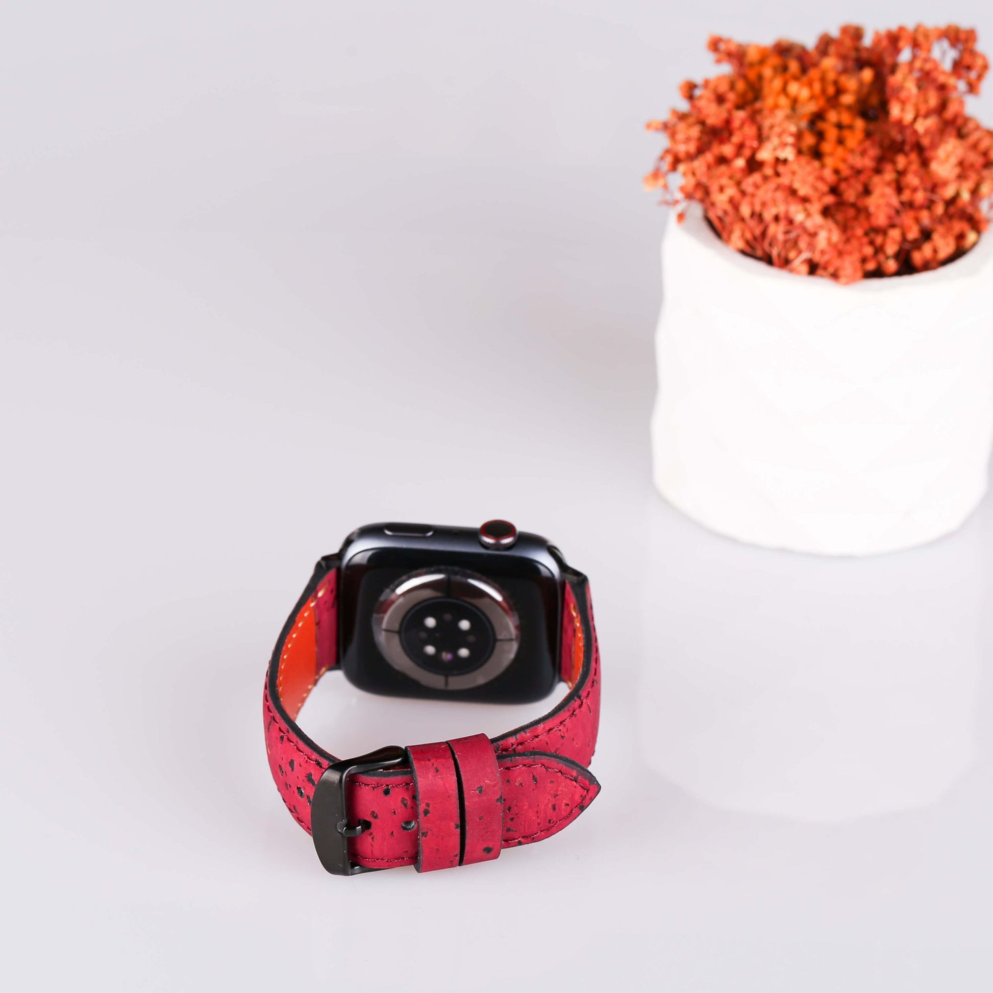 Vegan Deri Saat Kayışı - Mantar Derisi Kırmızı Apple Watch